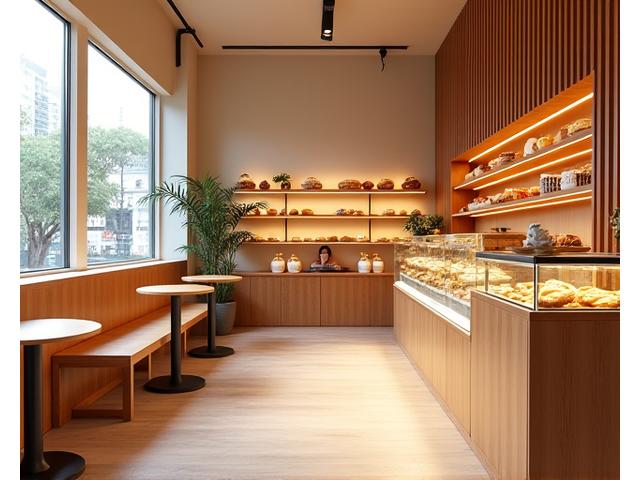 Komeko Ovenの温かい内装、パンが並ぶ様子